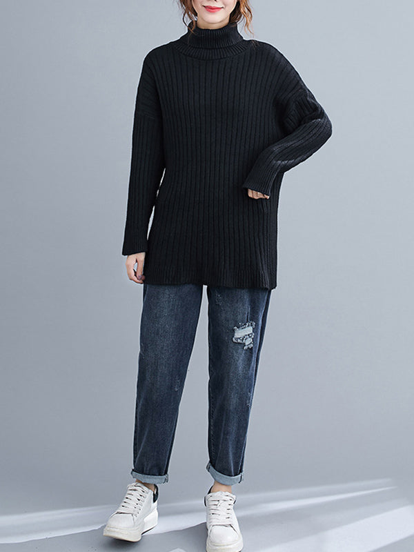 Simple Solid Color High-Neck Long Sleeves Sweater Top