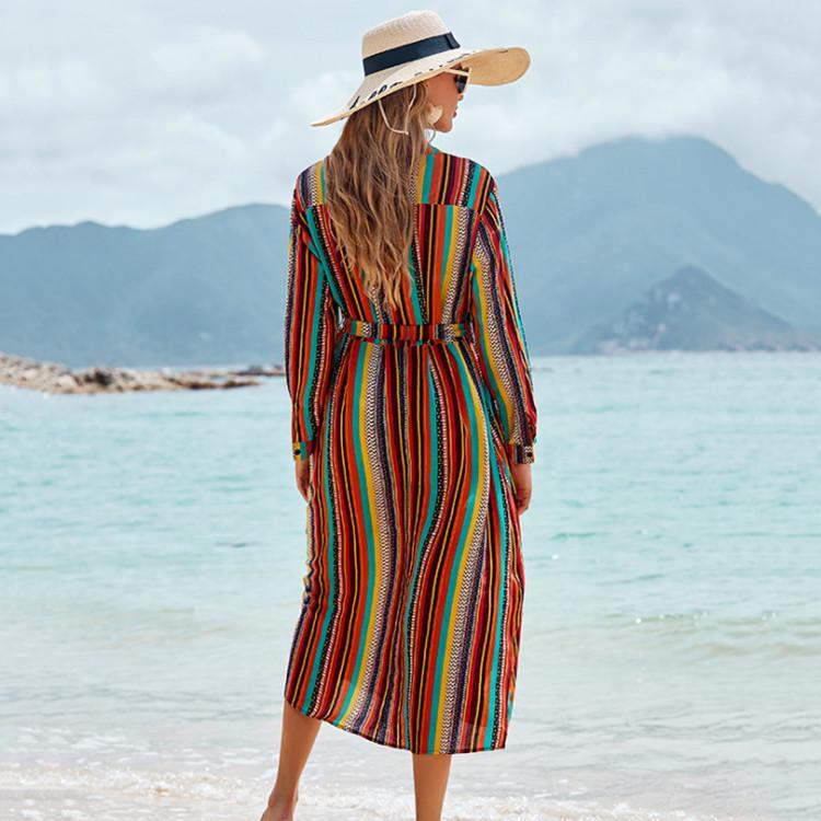 New Shirt Collar Color Strip Button Belt Beach Cover Up