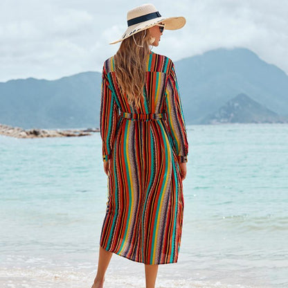 New Shirt Collar Color Strip Button Belt Beach Cover Up