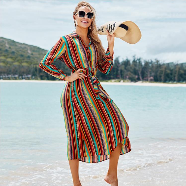 New Shirt Collar Color Strip Button Belt Beach Cover Up