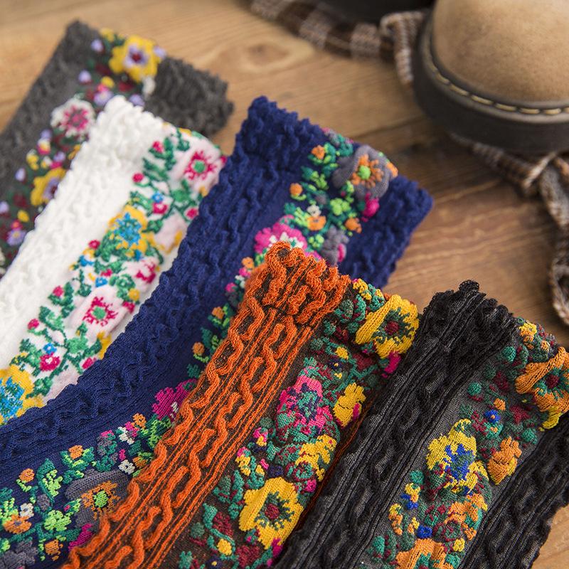 National Style Court Pattern Small Broken Flower Socks Women'S Cotton Personalized Middle Tube Boots Socks Retro Color Women'S Socks