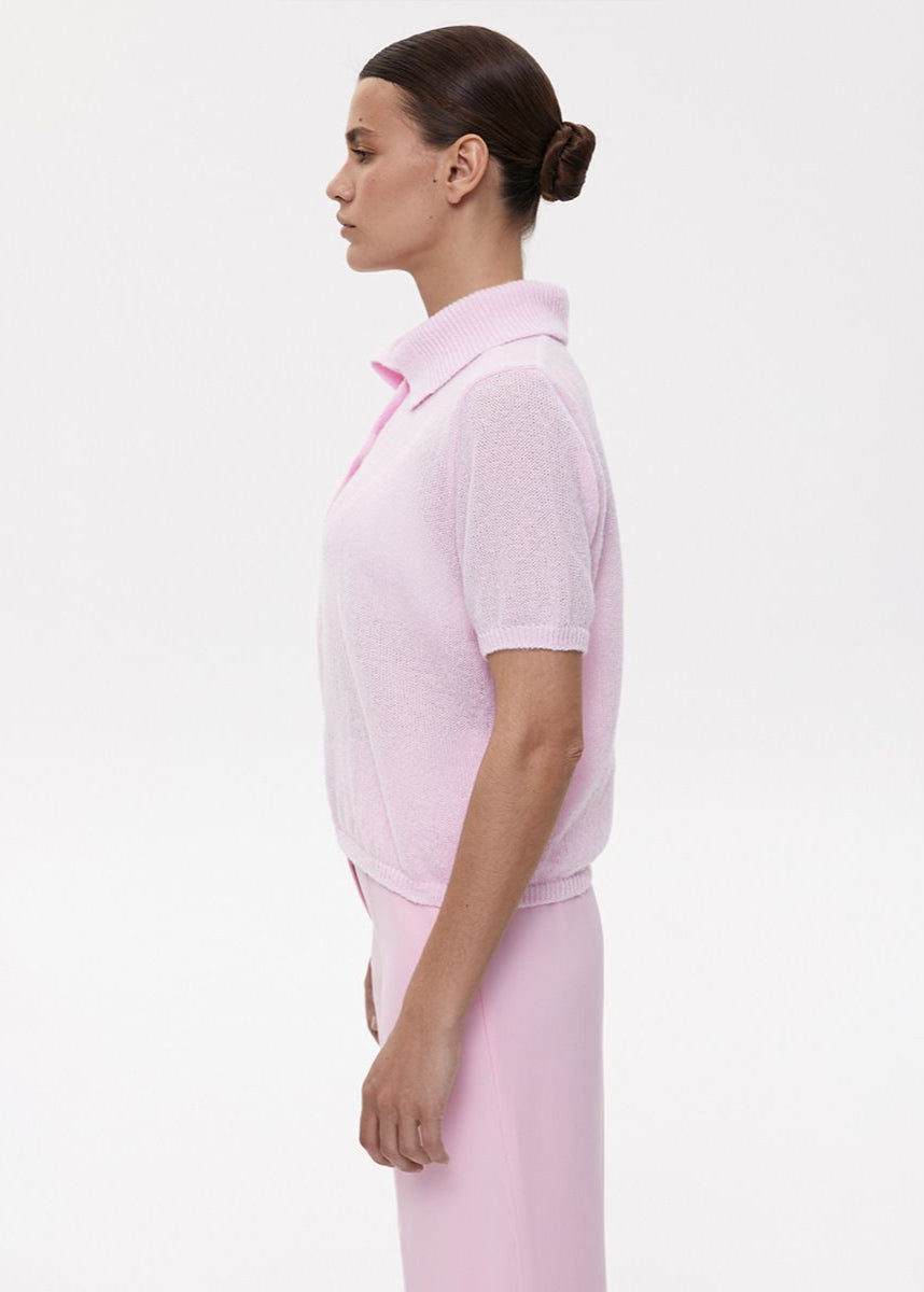 Textured Knit Polo Top In Soft Pink