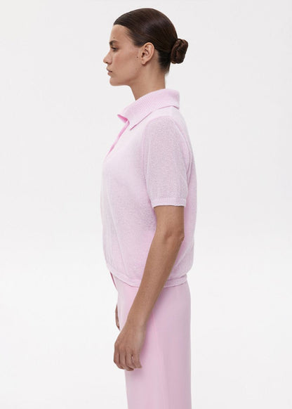 Textured Knit Polo Top In Soft Pink