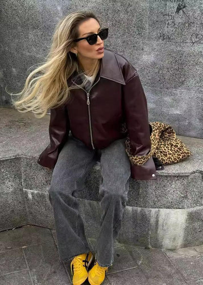 Faux Leather Zip Up Jacket Burgundy Modern