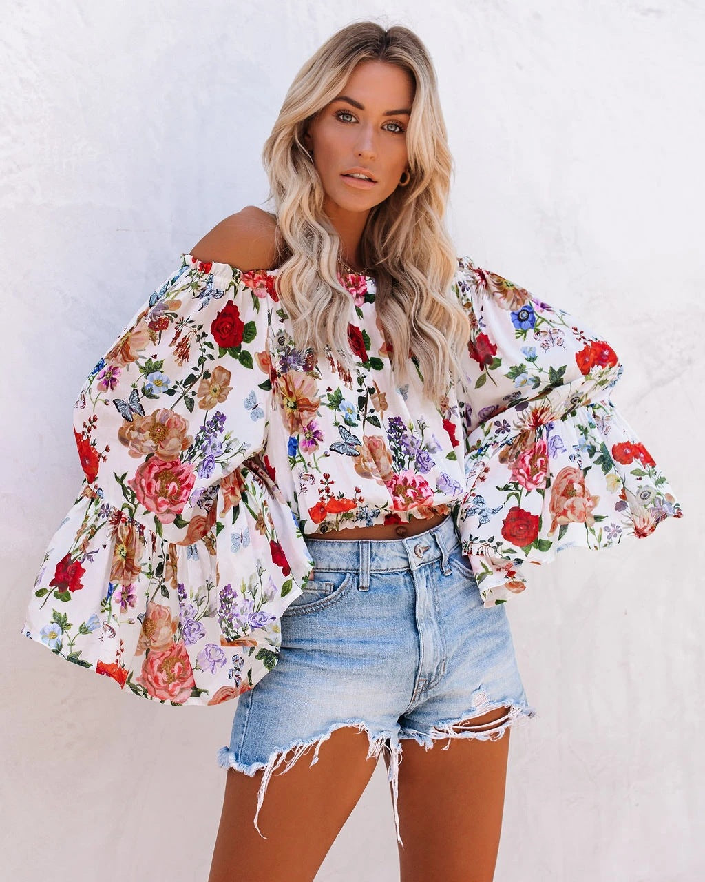 Printed One-Shoulder Flared Sleeves And High-Rise Versatile Top