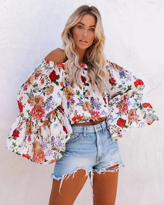 Printed One-Shoulder Flared Sleeves And High-Rise Versatile Top