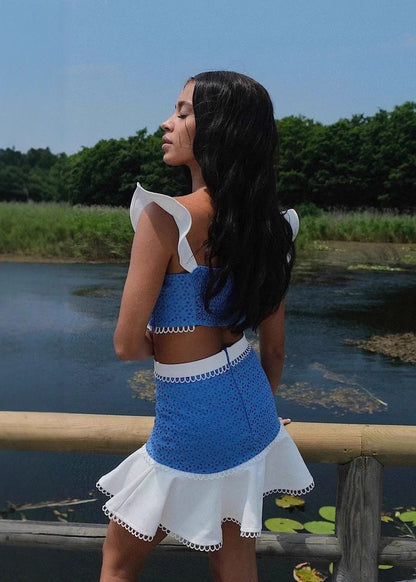 Blue Cotton Eyelet Ruffle Strap Skirt Set