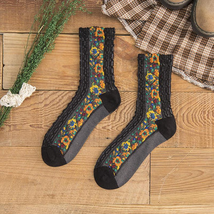 National Style Court Pattern Small Broken Flower Socks Women'S Cotton Personalized Middle Tube Boots Socks Retro Color Women'S Socks
