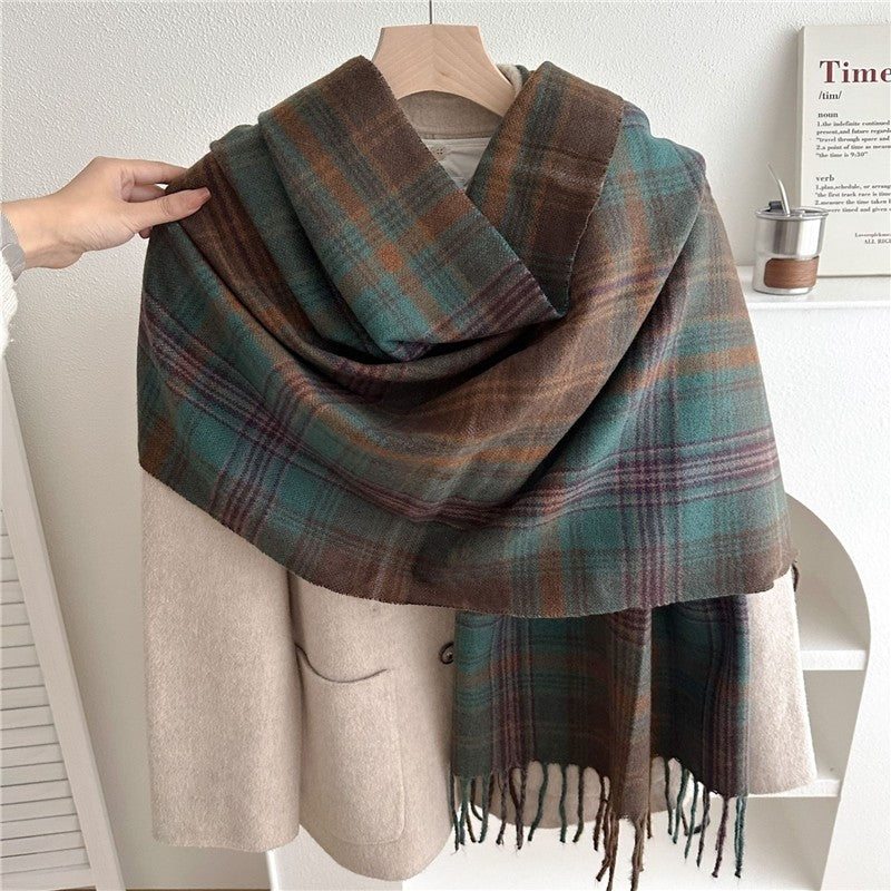 Color Block Plaid Fringe Scarf