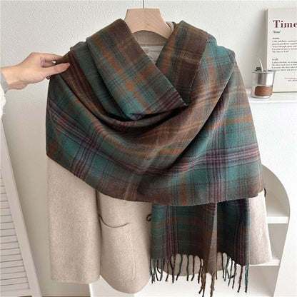 Color Block Plaid Fringe Scarf