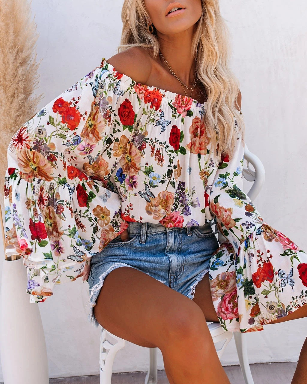 Printed One-Shoulder Flared Sleeves And High-Rise Versatile Top