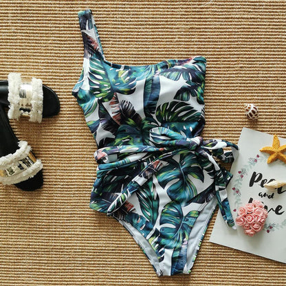 One Shoulder Floral One Piece Swimsuit Bandage For Women