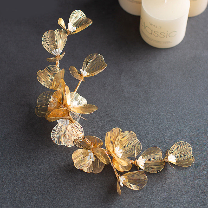 Elegant Golden Flower Headpiece with Earrings for Weddings