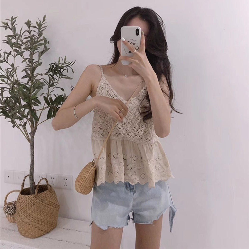 Vesty - Lace-Knit V-Neck Cami Top - White &amp; Beige