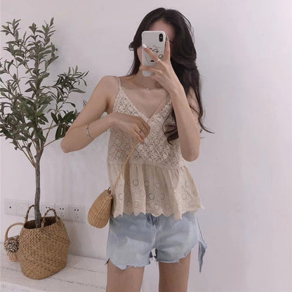 Vesty - Lace-Knit V-Neck Cami Top - White &amp; Beige