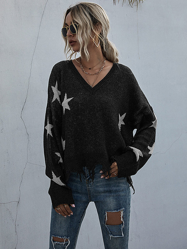 Casual Loose Patchwork V-Neck Sweater Top