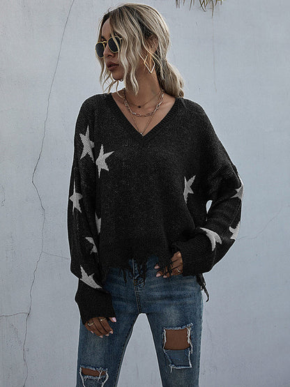 Casual Loose Patchwork V-Neck Sweater Top