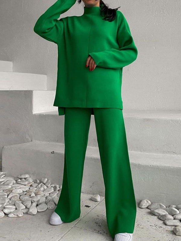 Loose Solid Color High-Neck Sweater Tops&Pants Suits