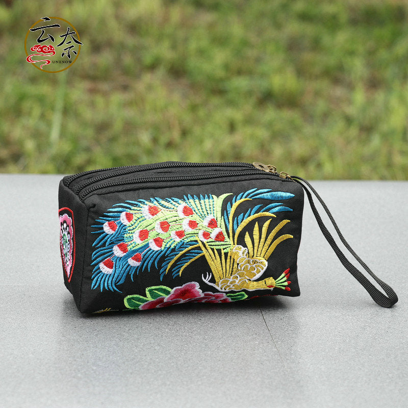 Yunnan Ethnic Style Embroidery Three Zipper Multi Function Women'S Change Mobile Phone Bag To Store Make-Up Hand Bag