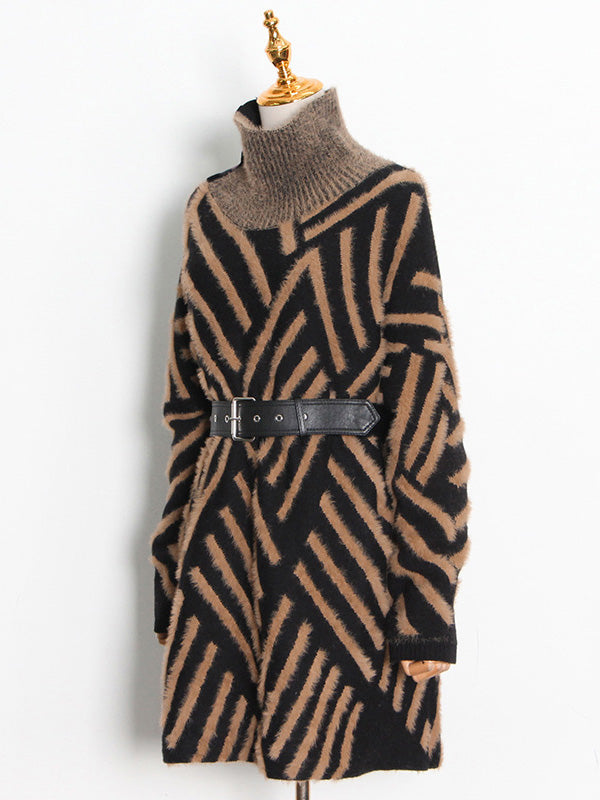 Urban Loose With Belted High-Neck Knitting Sweater