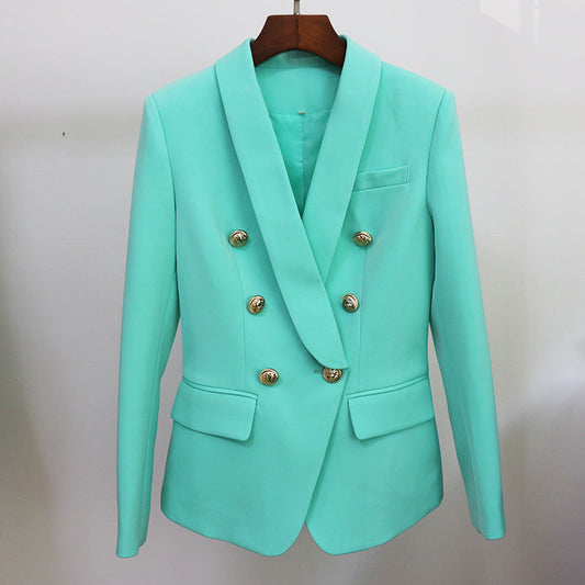 Double-Breasted Blazer With Lion Head Metal Button