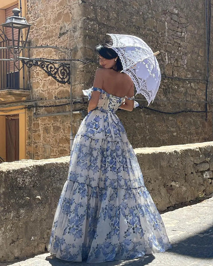 Floral Tie Strap Maxi Dress In Blue