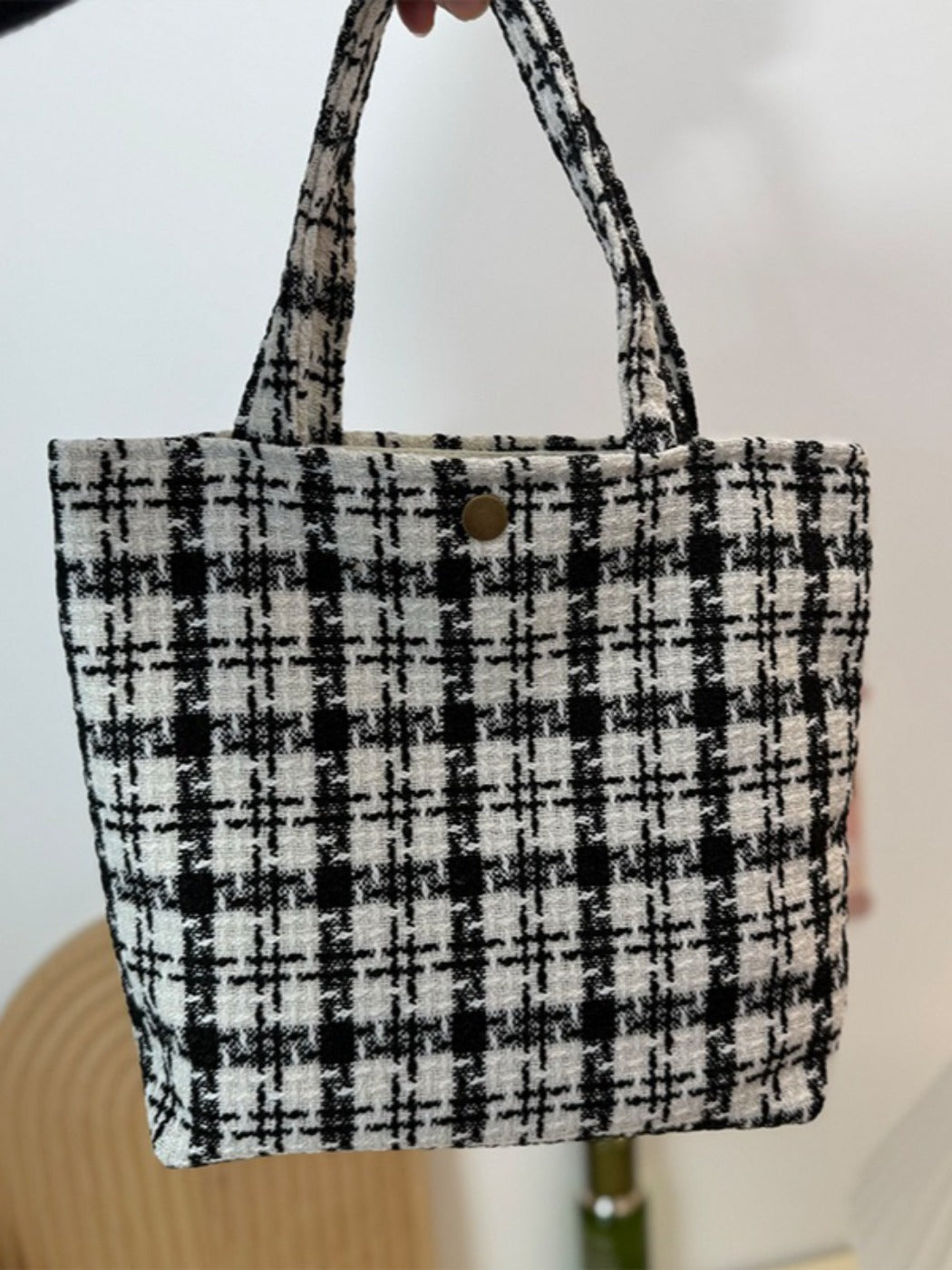 Cosbai - Canvas Small Tote with Plaid Patterns