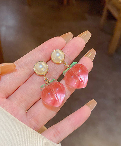 Cute Red Alloy Acrylic Pearl Peach Drop Earrings