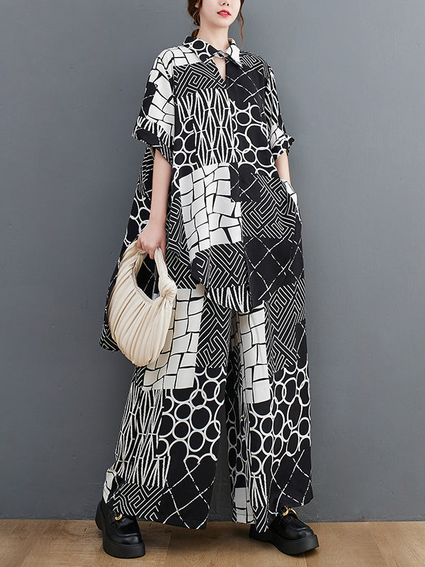 Oversize Short Sleeves Printed Lapel Pants Shirts Tops Two Pieces Set
