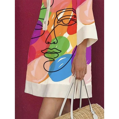 Loose Three-Quarter Sleeves Buttoned Contrast Color Figure Printed Lapel Collar Mini Dresses Short Dresses