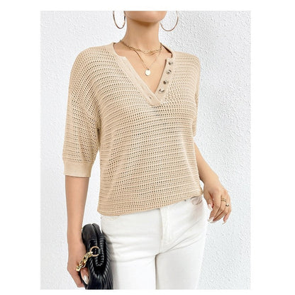 Casual V-Neck Hollow Short-Sleeved Sweater