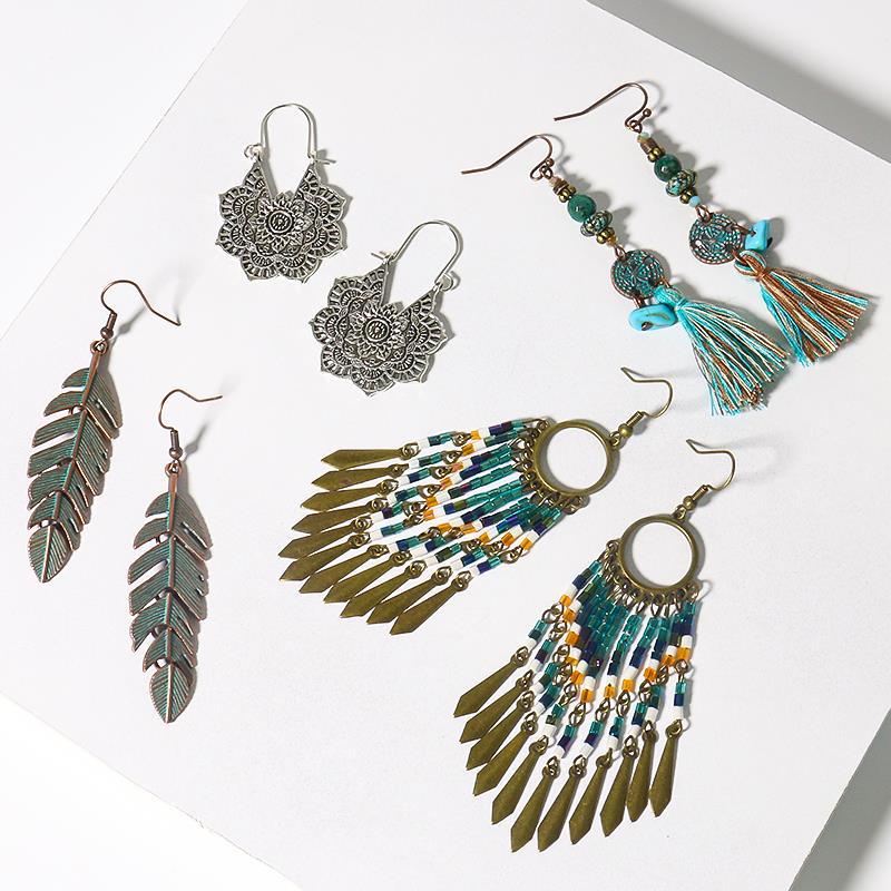 Bohemian Leaf Tassel Earrings Vintage Alloy Jewelry