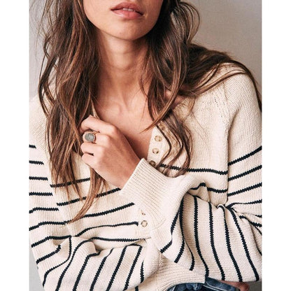 Black And White Striped T-Shirt Button Round Neck Bubble Sleeve Top Women'S Loose Long Sleeve Sweater