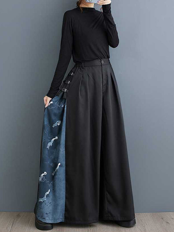 High Waisted Loose Buttoned Elasticity Pleated Pockets Split-Joint Pants Trousers