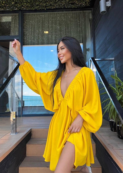 V Neck Lantern Sleeve Dress In Premium Fabric