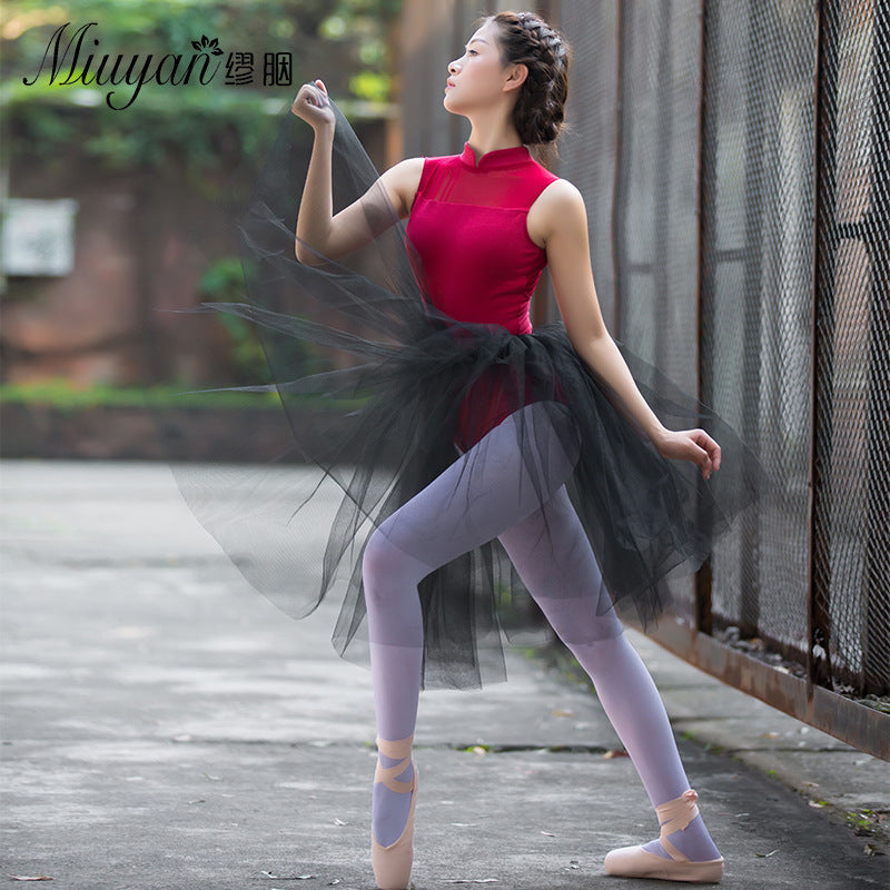 Stand Collar, Cut Sleeve And Spell Net Ballet Training Suit, Female Basic Training, Body Art Test, Gymnastics Suit, Teacher Dance Jumpsuit
