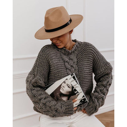 Autumn And Winter Popular Solid Pullover V-Neck Fried Dough Twists Loose Sweater Casual Knitwear Women