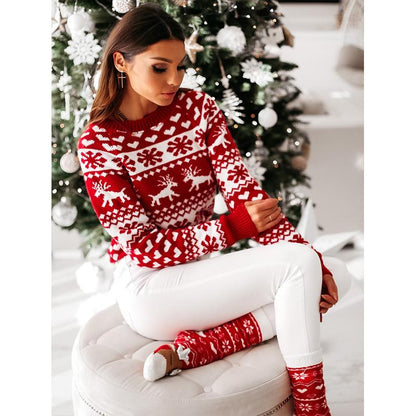 Knitted Sweater Women Christmas Elk Long-Sleeved Knitted Sweater