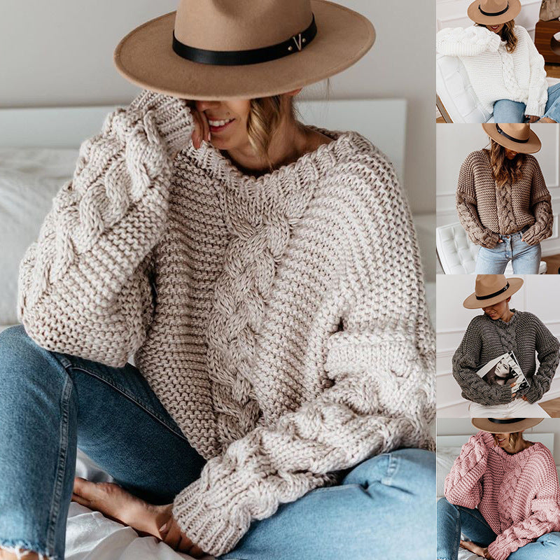 Autumn And Winter Popular Solid Pullover V-Neck Fried Dough Twists Loose Sweater Casual Knitwear Women