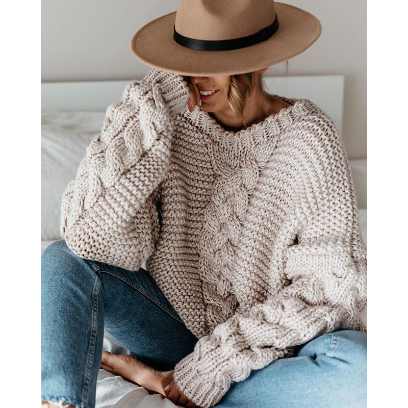 Autumn And Winter Popular Solid Pullover V-Neck Fried Dough Twists Loose Sweater Casual Knitwear Women