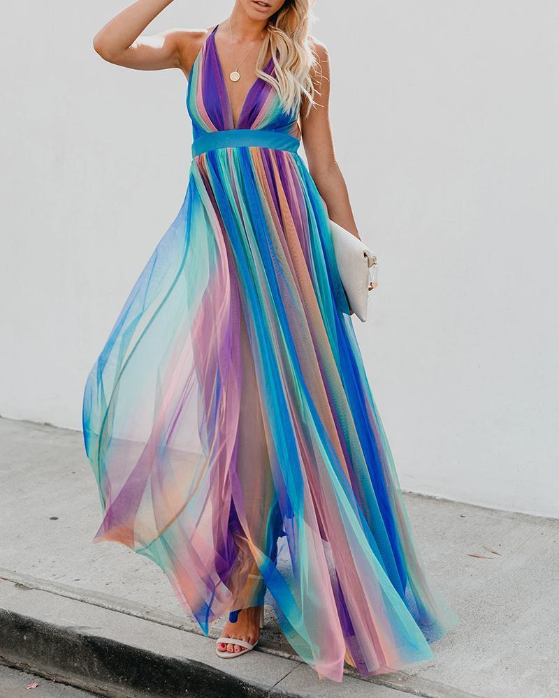 Sexy Deep V Rainbow Mesh Sling Dress