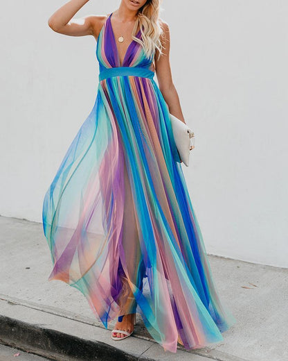 Sexy Deep V Rainbow Mesh Sling Dress