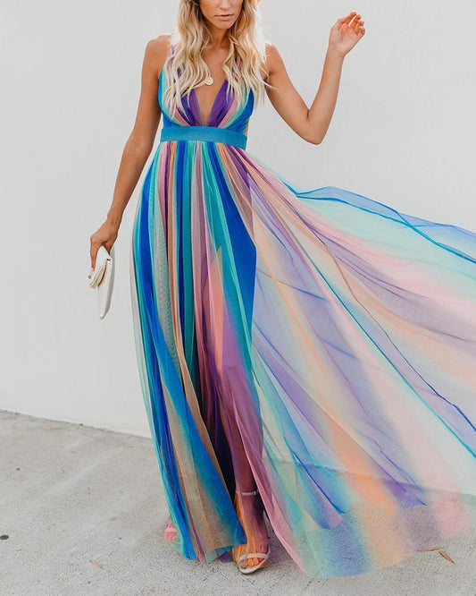 Sexy Deep V Rainbow Mesh Sling Dress