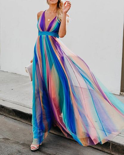 Sexy Deep V Rainbow Mesh Sling Dress