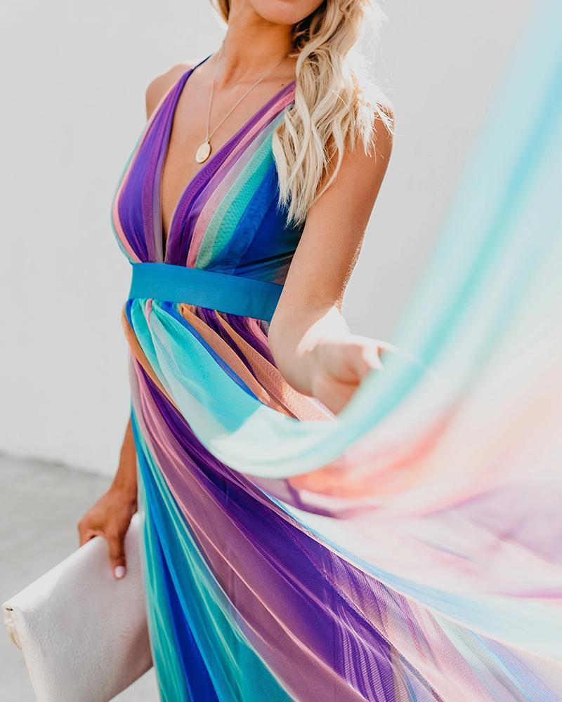 Sexy Deep V Rainbow Mesh Sling Dress