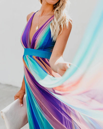 Sexy Deep V Rainbow Mesh Sling Dress