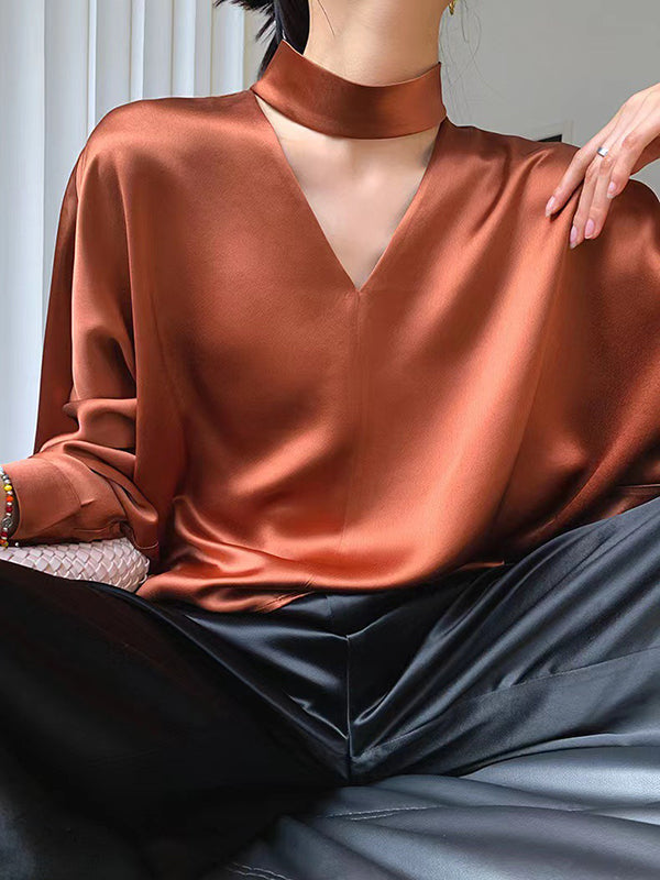 Wrap Hollow Solid Color V-Neck Blouses&Shirts Tops