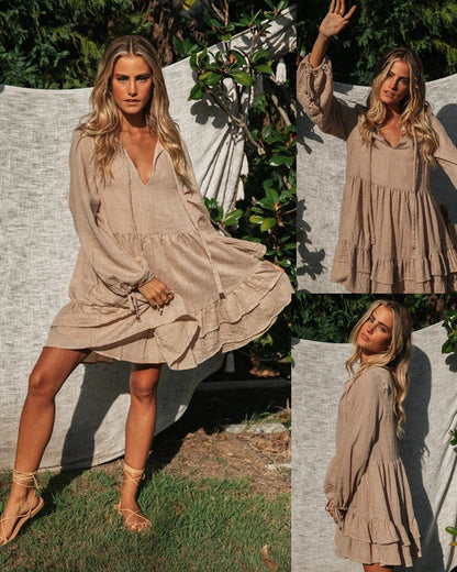 Stylish V-Neck Tie-Up Balloon Sleeve Dress