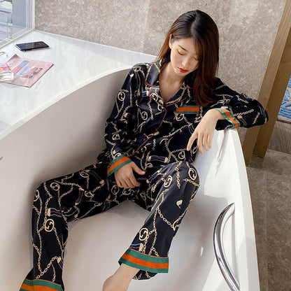 Autumn Couple Ice Silk Pajamas Women Fashion Short Sleeve Suit Men Korean Leisure Silk Ladies Cardigan Home Service