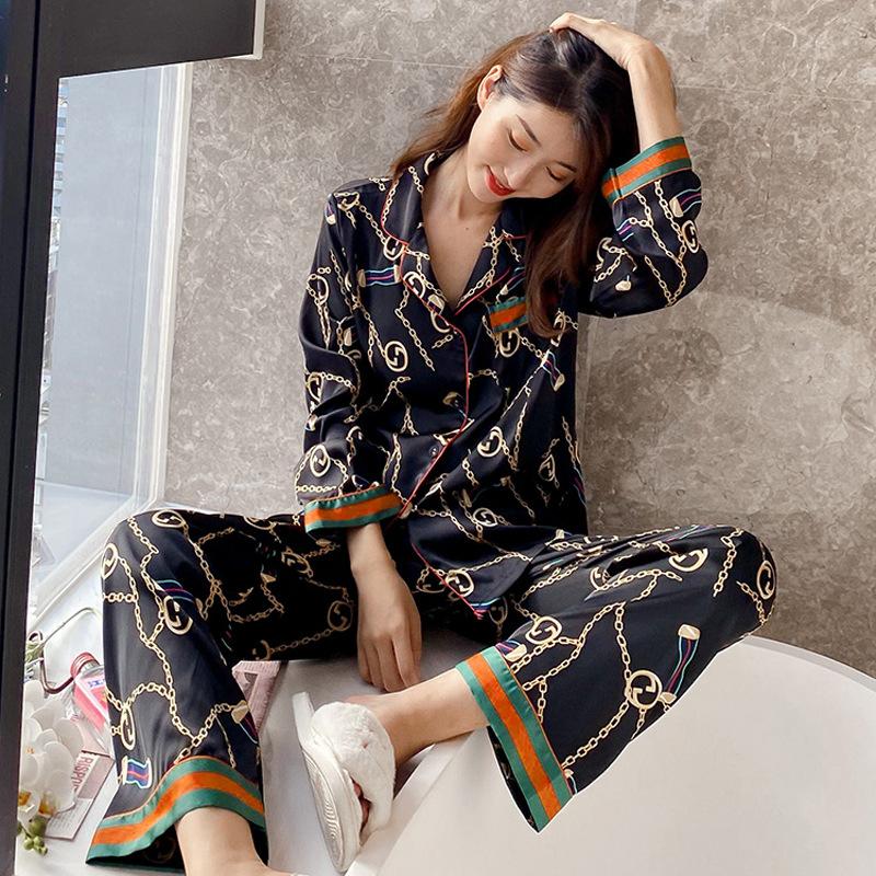 Autumn Couple Ice Silk Pajamas Women Fashion Short Sleeve Suit Men Korean Leisure Silk Ladies Cardigan Home Service